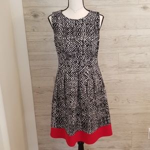 Patterned black and white fit and flare dress
